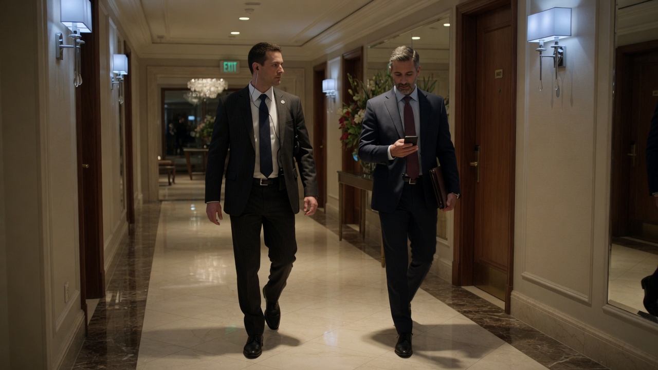 Executive protection professionals walking through a hotel corridor