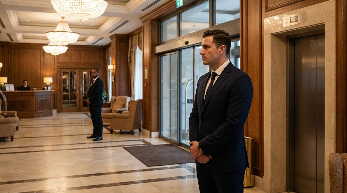 Executive protection agent standing post in a hotel lobby watching the entrance