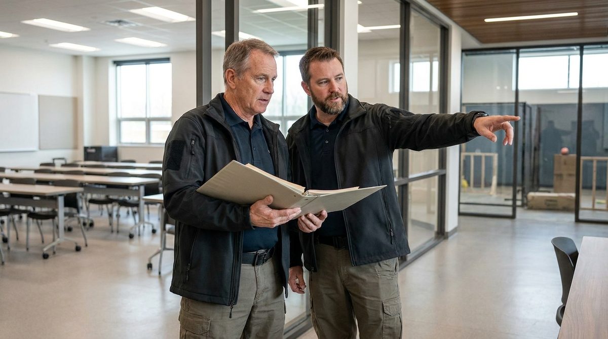 Two instructors reviewing a training program binder while inspecting a security school classroom facility