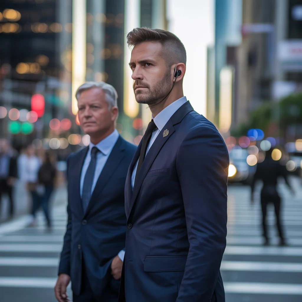 Protection agent with an earpiece escorting a client across a city street