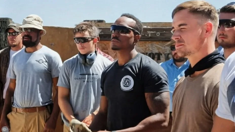 Group of Pacific West Academy students standing outdoors at a training site